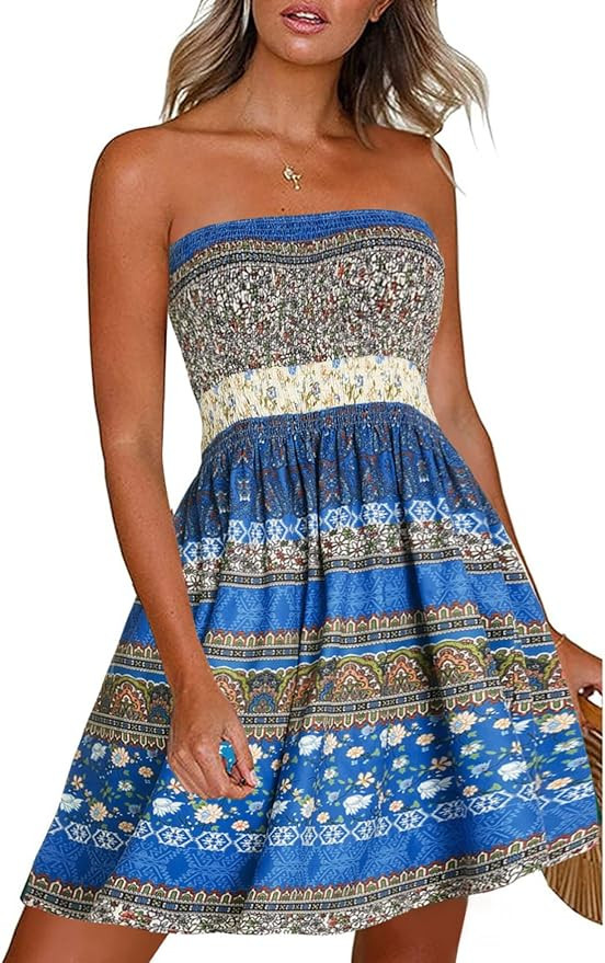 CHICGAL Summer Dresses for Women Beach Cover Ups Strapless Boho Floral Print Sundress | Amazon (US)