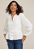 Soft White Crochet Trim Tie Front Peplum Top | Maurices