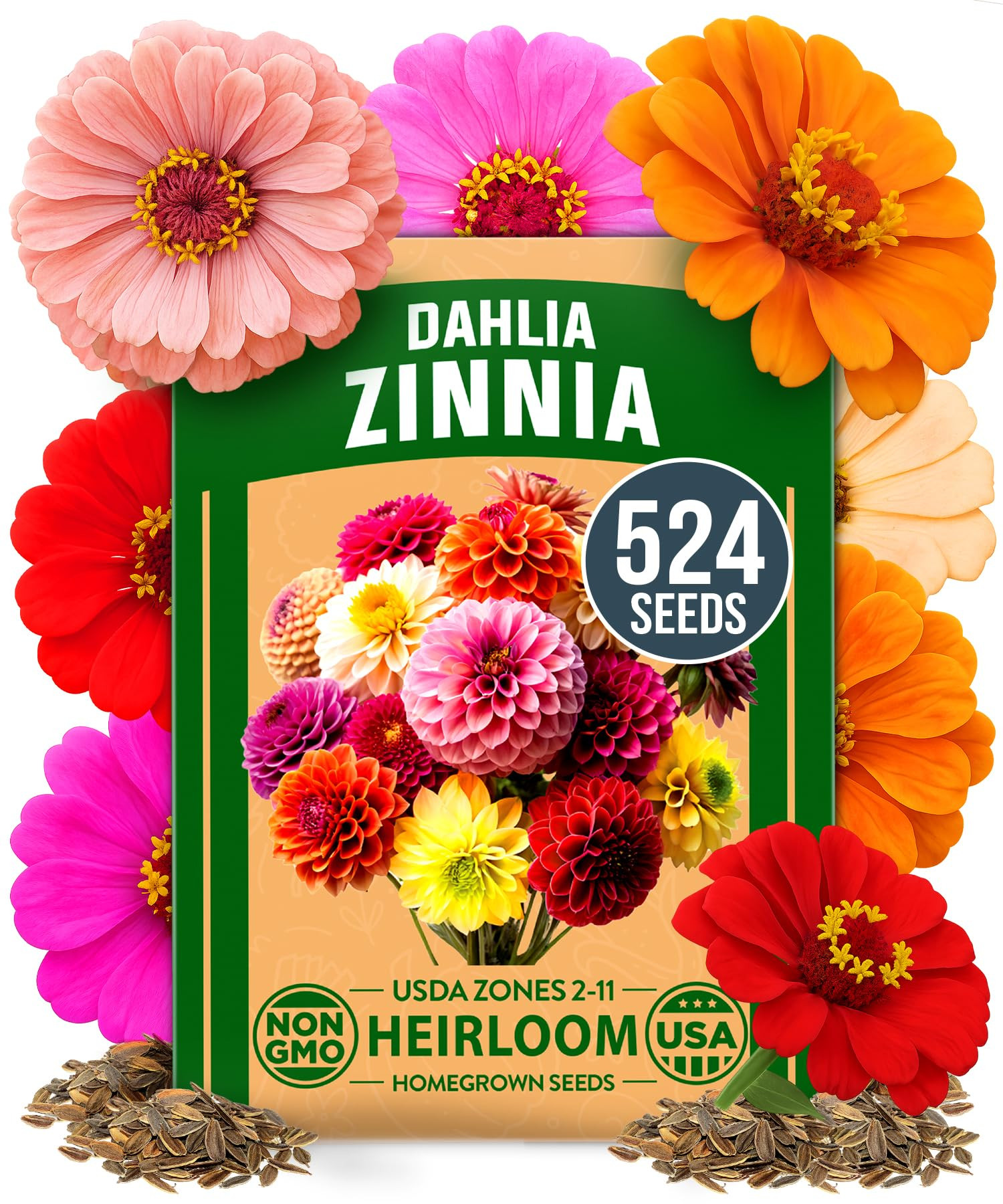 HOME GROWN Zinnia Dahlia Seeds Pack for 2026 Non GMO 524 Flower Seeds | Vibrant Zinnia Elegans fo... | Amazon (US)