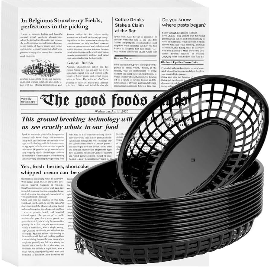 EUSOAR Food Baskets with Liners, 12pcs 9.4"x5.9" Reusable Black Plastic Food Serving Baskets Plat... | Amazon (US)
