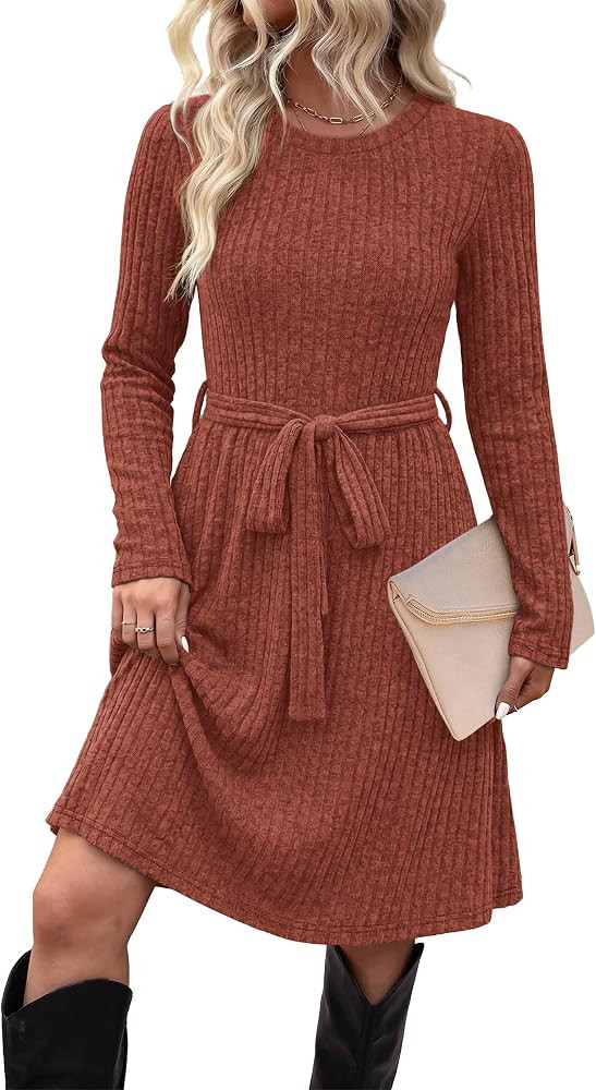 OFEEFAN Fall Dresses for Women Long Sleeve Sweater Dress with Pockets | Amazon (US)
