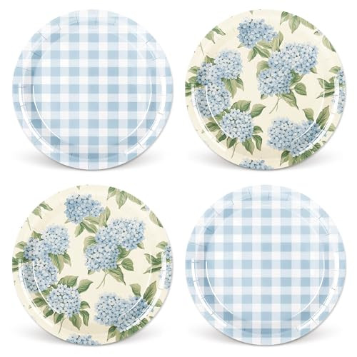 Whaline 40Pcs Hydrangea Plaid Paper Plate Blue And White Floral Disposable Dinner Plate Flower Ch... | Amazon (US)