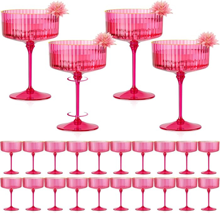 24 PCS Ribbed Coupe Glasses Hot Pink Plastic Champagne Coupe Cup 10oz Detachable Gold Rim Espress... | Amazon (US)