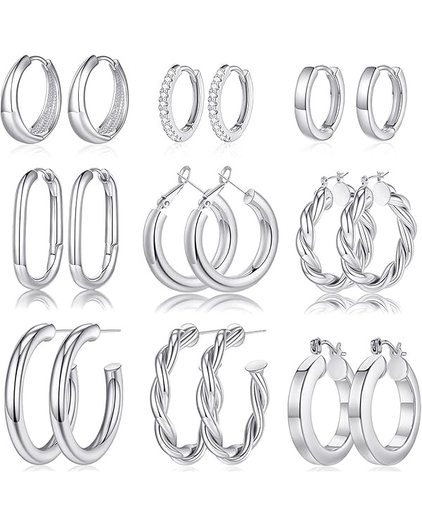 Yesteel 9 Pairs Gold Hoop Earrings for Women, 925 Sterling Silver Post 14K Real Gold Plated Chunk... | Amazon (US)