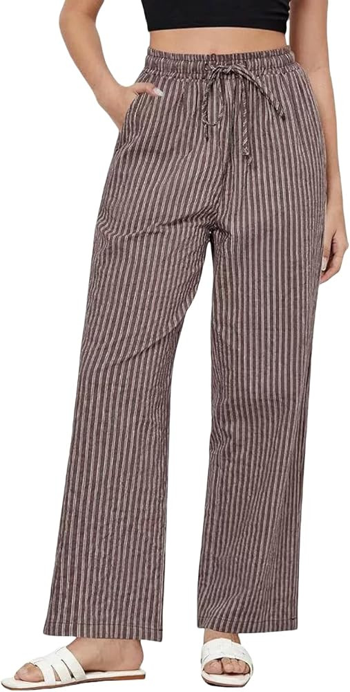 Women Linen Trousers Striped Drawstring Casual Wide Leg Elastic, Loose Cotton Linen Trousers High... | Amazon (US)