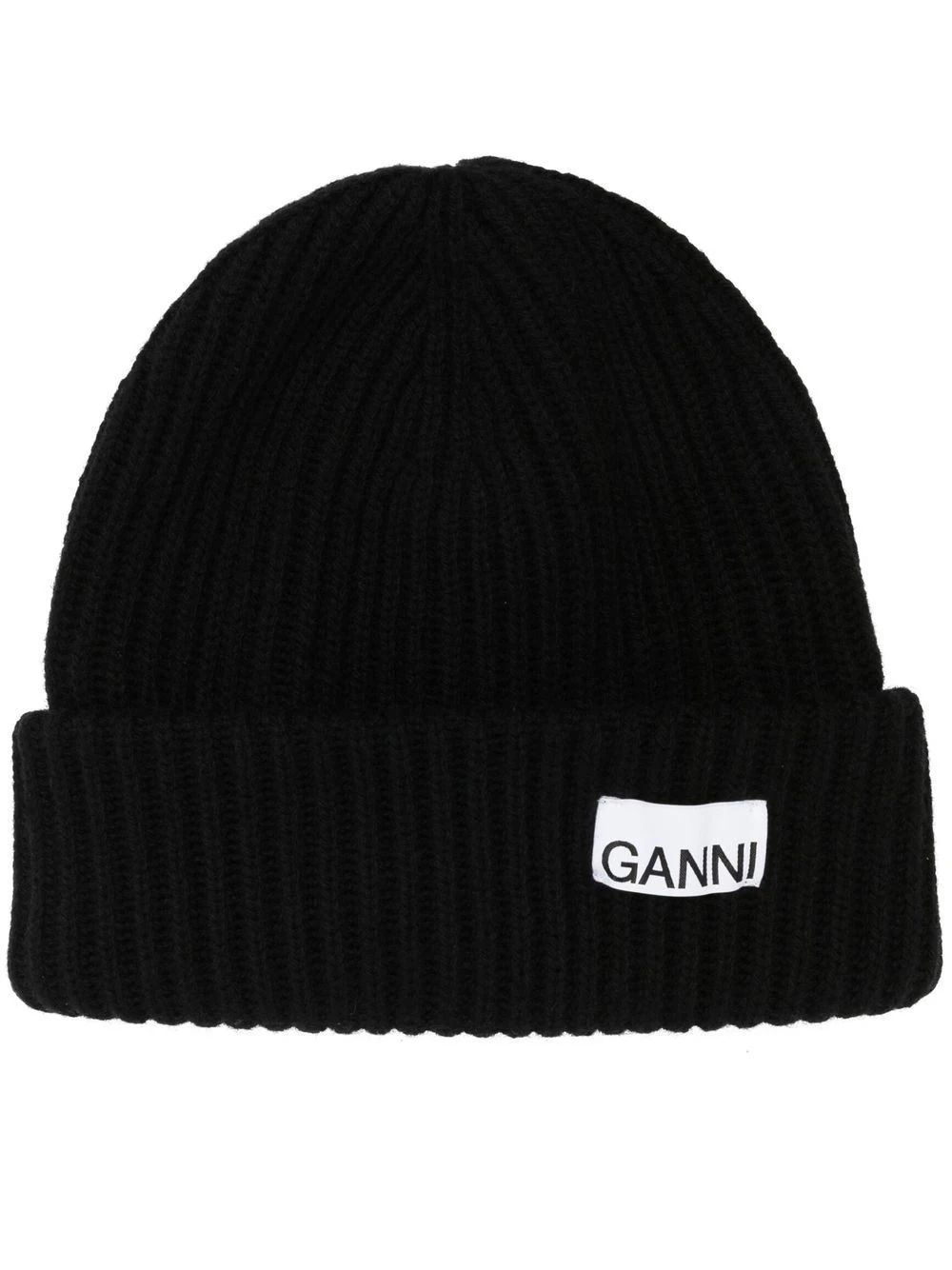 GANNI logo-patch ribbed-knit Beanie - Farfetch | Farfetch Global