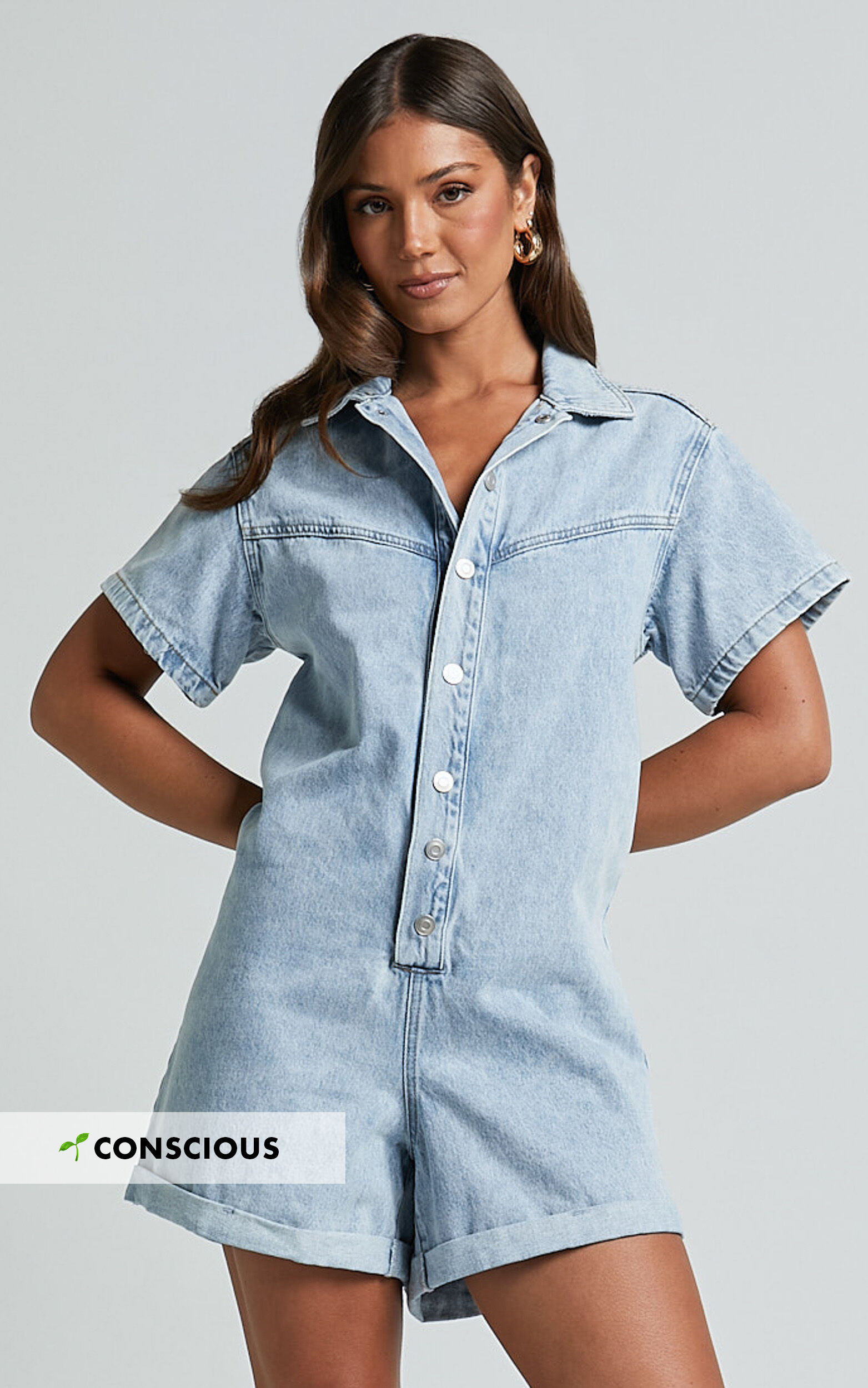 Reid Playsuit - Button Through Denim Playsuit in Light Blue Wash | Showpo (US, UK & Europe)