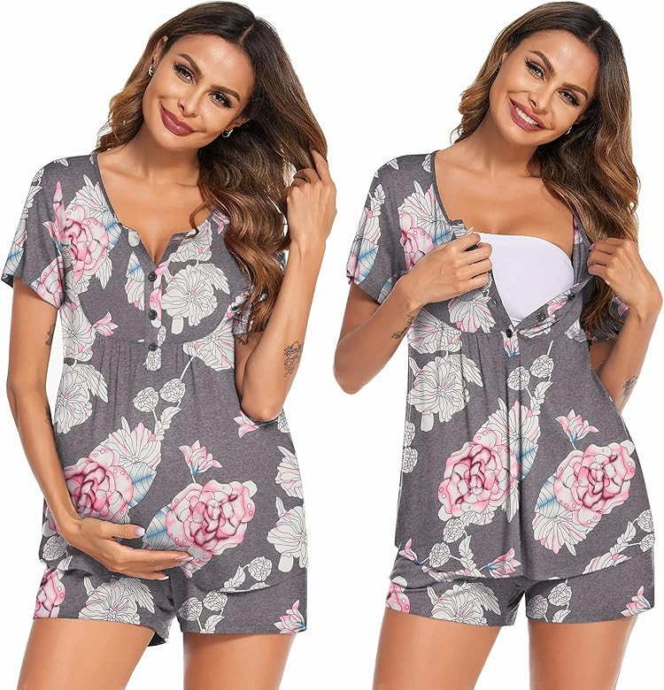 Ekouaer Women's Maternity Nursing Pajama Sets Short Sleeve Pregnancy Pj Set Breastfeeding Sleepwe... | Amazon (US)
