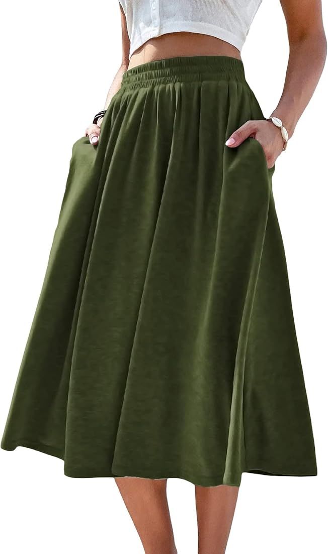 Verdusa Women's Elastic Waist Pocket Side A Line Midi Swing Flared Skirt | Amazon (US)