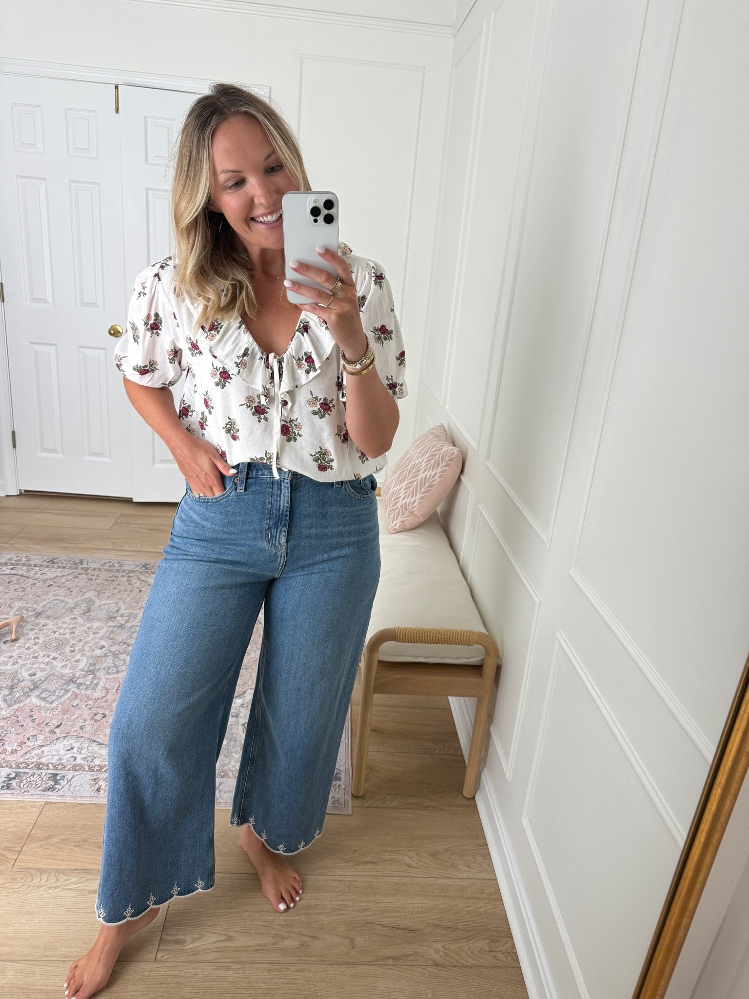 Casual fall outfit - love the embroidery on the jeans!! Wearing size 10 jeans and med top