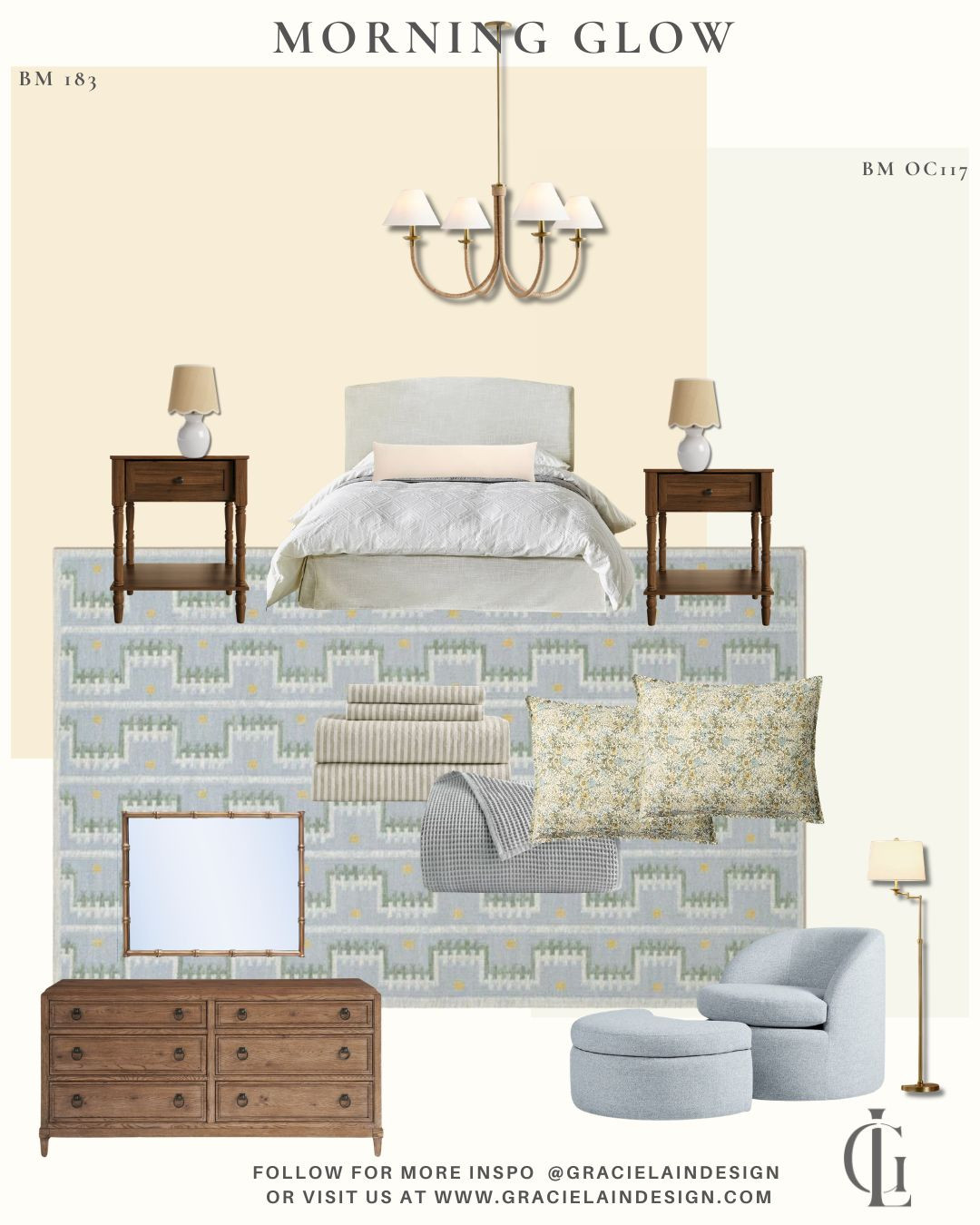 A room that exhales the moment you step inside.
Soft light glows across a palette of gentle blues, creamy neutrals, and muted greens—subtle, layered, and endlessly calming. Airy textures and soft linens invite you in, while warm woods ground the space in quiet comfort. A Scandinavian-inspired wool rug softens each step, bamboo accents bring in a touch of nature, and scalloped details add just enough charm to feel collected, not curated.

It’s traditional, modern, and coastal all at once—never loud, never trying too hard. Just a space that feels like you. Like slow mornings, open windows, and nowhere to be.

This is summer, held gently in a room.
Stay awhile. ✨

#BedroomInspo #CoastalModern #NeutralHome #ScandiStyle #SoftLiving #InteriorDesign #SummerVibes #CalmSpaces #HomeSanctuary #DesignDetails #WarmMinimalism #AiryInteriors #RelaxedLiving

Discover more at gracielaindesign.com 

 #LTKSeasonal #LTKHome #LTKSaleAlert