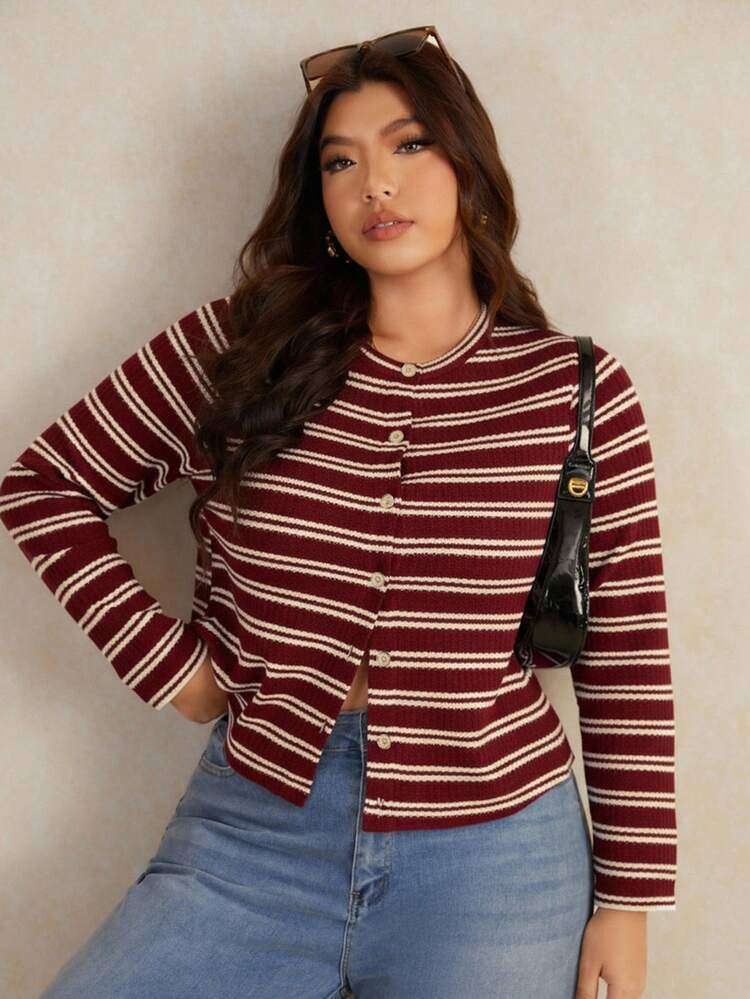 Elaquor Plus Size Casual Striped Button Front Long Sleeve T-Shirt, Autumn | SHEIN