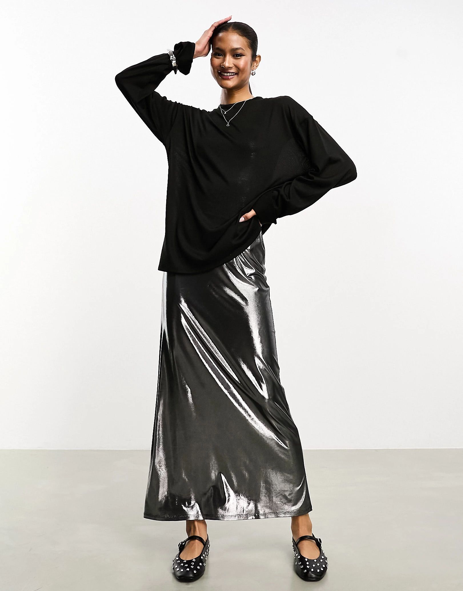 ASOS DESIGN 2 in 1 silver metallic cami maxi dress with sweatshirt overlay | ASOS (Global)