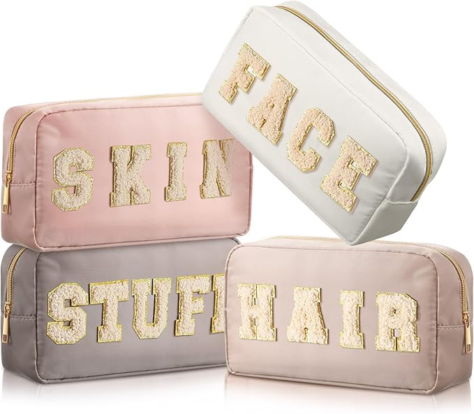 Cunno 4 Pcs Preppy Makeup Bags Chenille Letter Stuff Bag Nylon Cosmetic Pouch Cases with Zipper f... | Amazon (US)