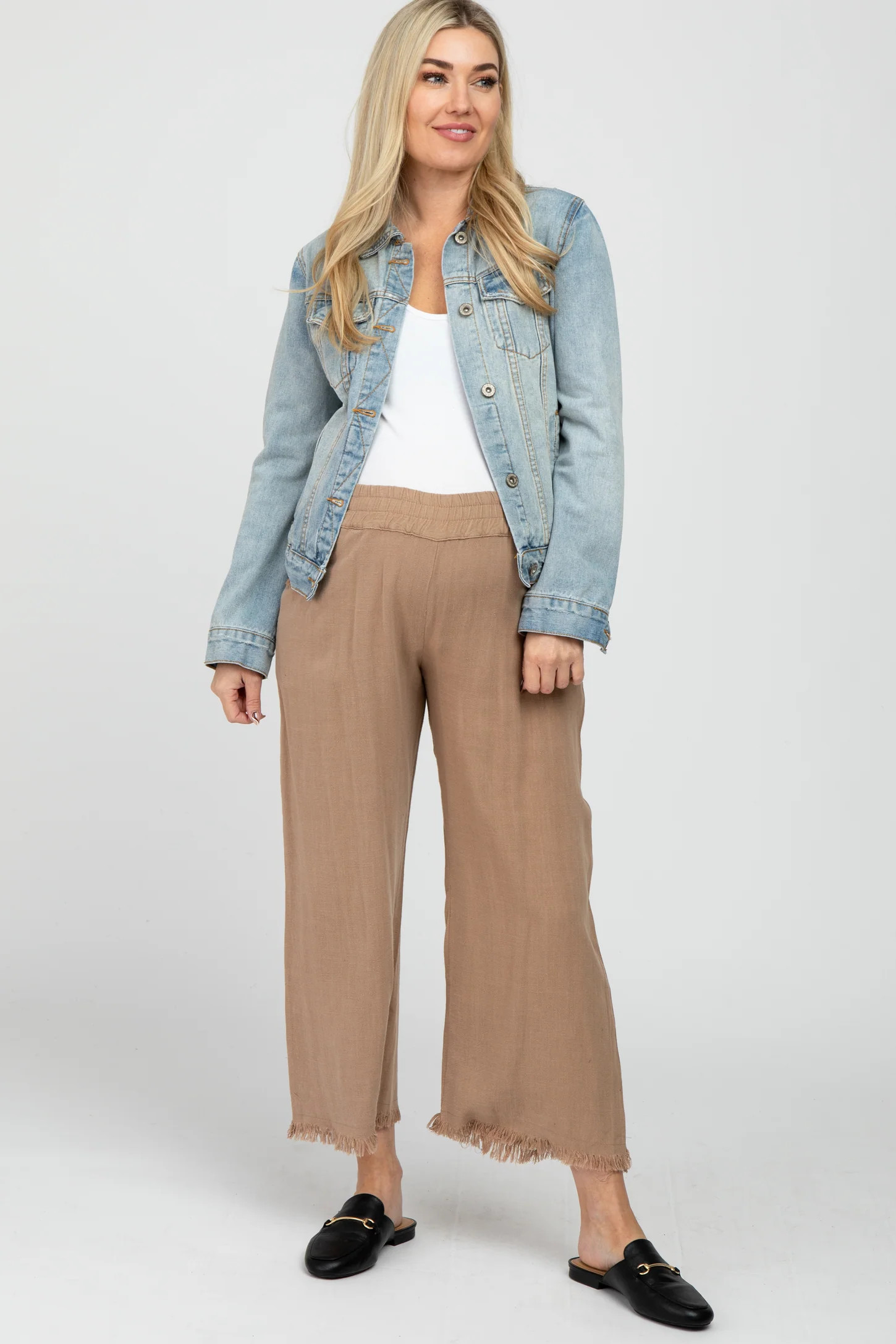 Taupe Linen Frayed Hem Crop Maternity Pants | PinkBlush Maternity
