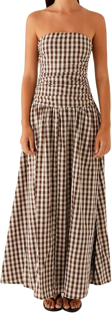 Women Floral Strapless Maxi Dress Sexy Backless Drop Waist Flowy Tube Top Long Dresses Summer Coc... | Amazon (US)