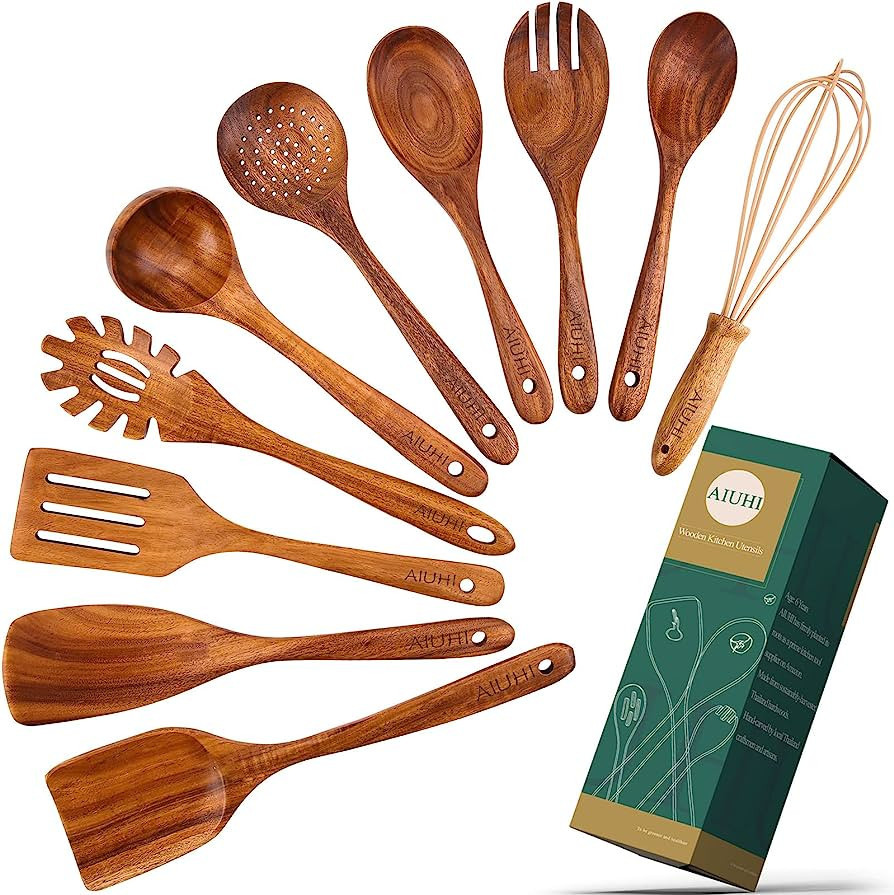 10 Pack Wooden Spoons for Cooking, Teak Wood Kitchen Utensils Set for Non Stick Use, Spatula Set ... | Amazon (US)