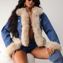 Women Casual Patchwork Furry Trim Denim Jacket, Autumn/WinterThermal Thickened Denim | SHEIN