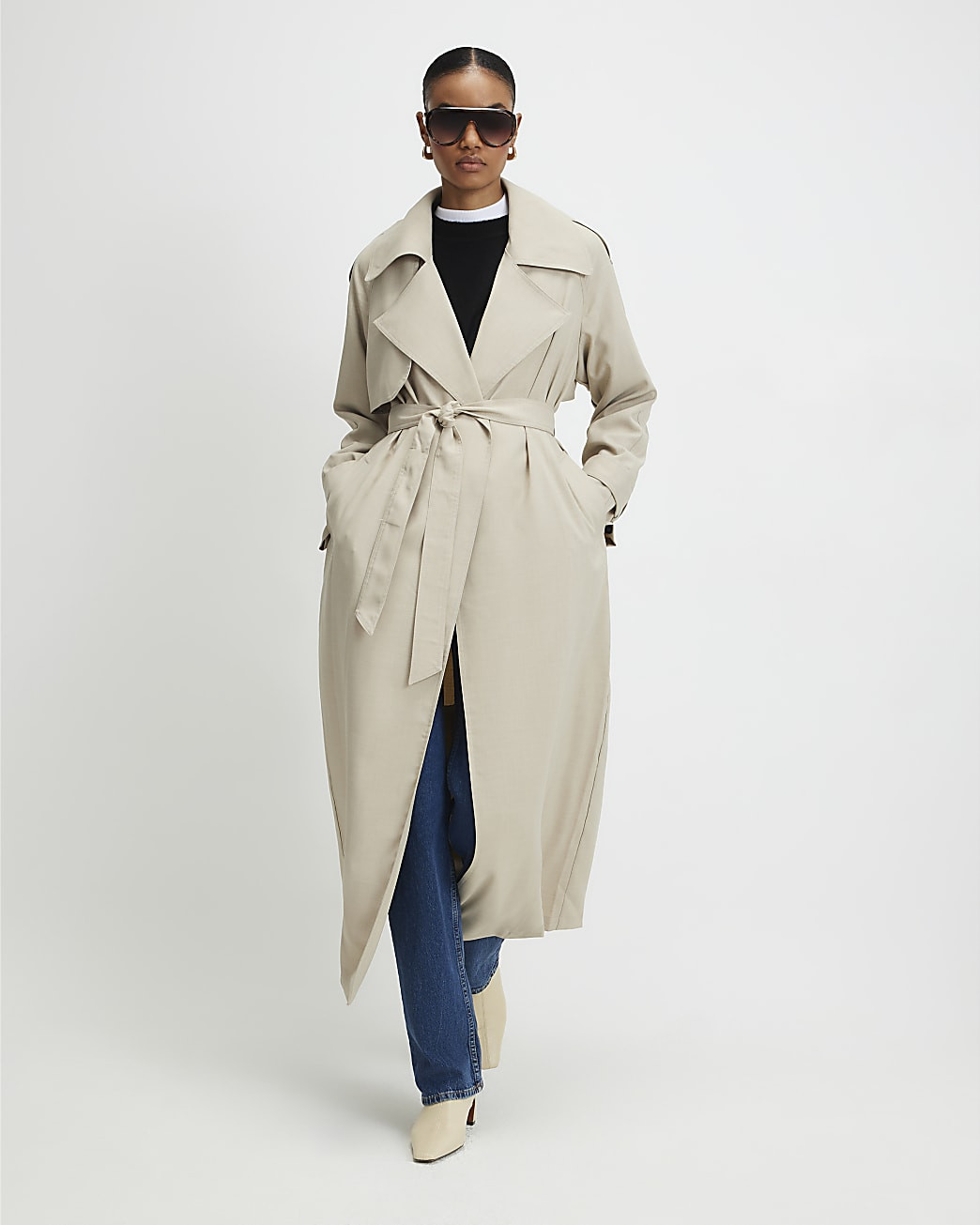 Cream Collared Long Sleeve Trench Coat | River Island UK & IE
