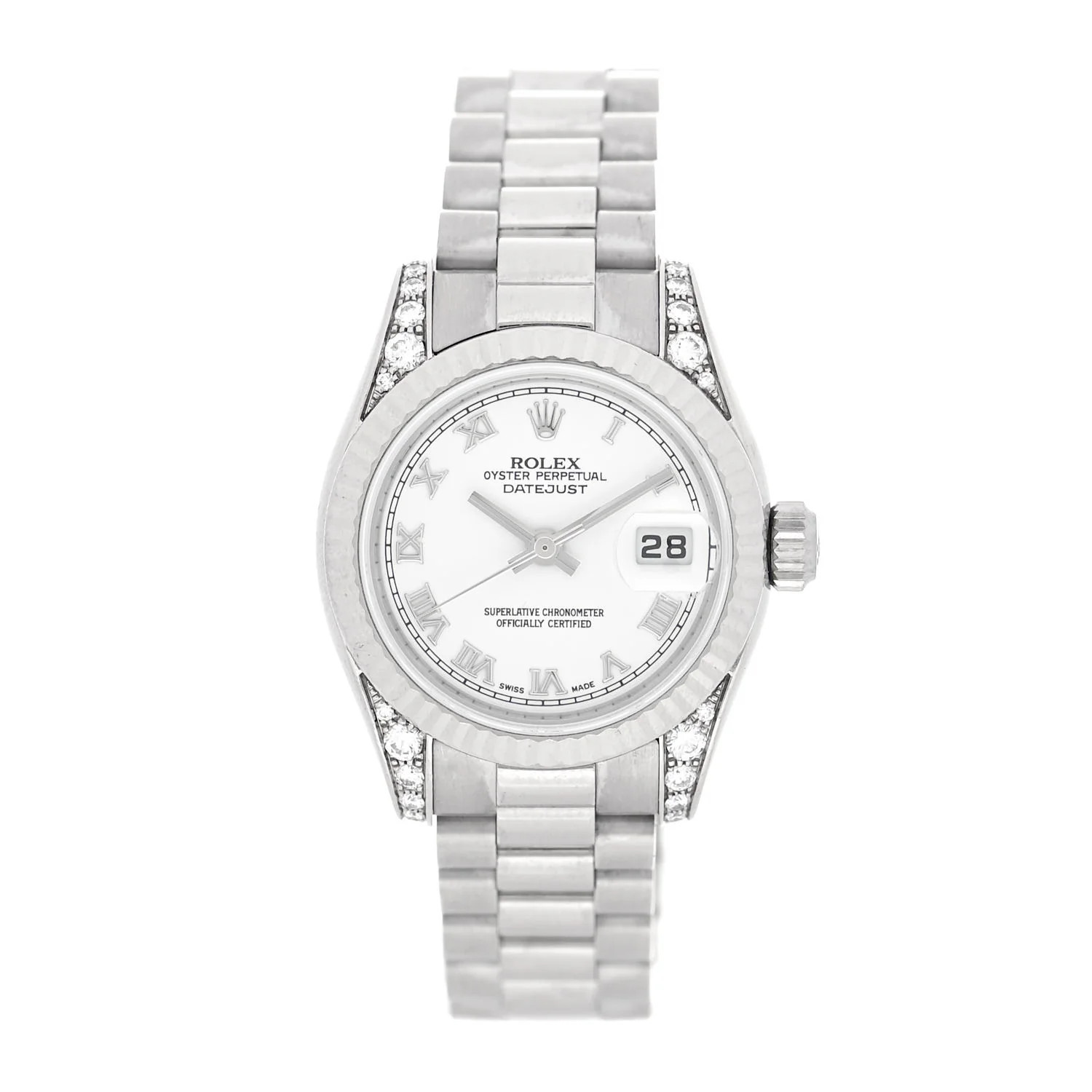 ROLEX 18K White Gold Diamond 26mm Oyster Perpetual Lady Datejust President Watch White Roman 1792... | Fashionphile