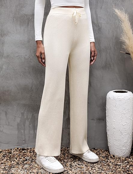 Cowasto Women's Casual Ribbed Knit Pants Elastic Waist Tie Front Wide Leg Sweater Pants | Amazon (US)