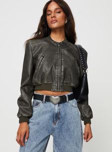 Allure Faux Leather Bomber Jacket Charcoal | Princess Polly US