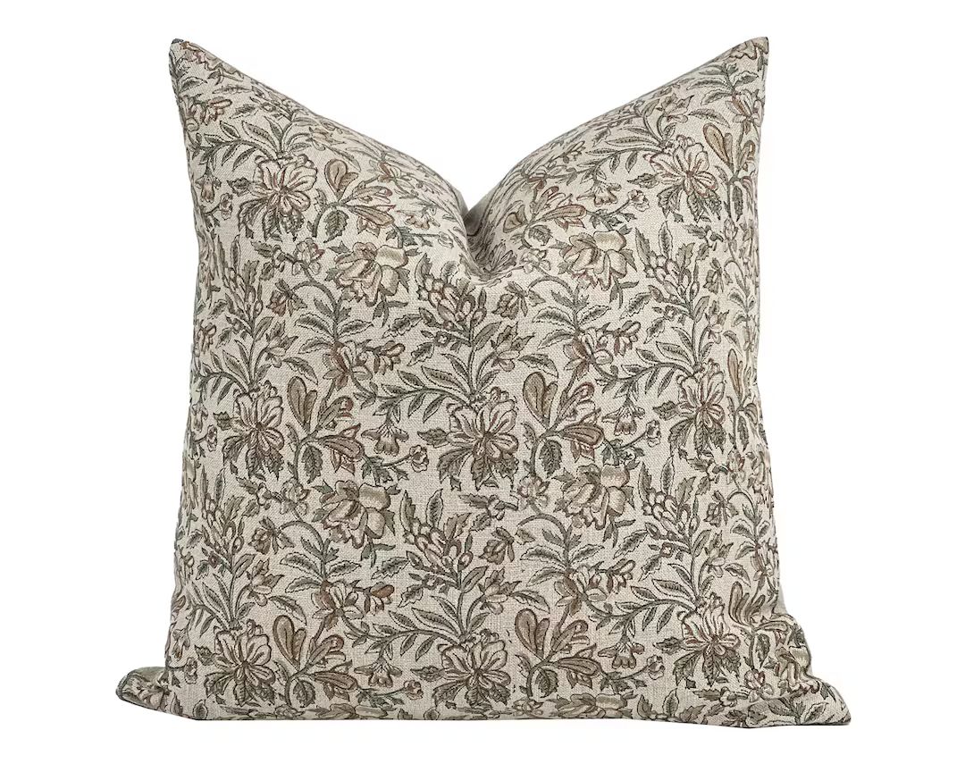 RHEA | Designer Rust Green Floral Linen Pillow Cover, Block Print Pillow, Brown Floral Pillow, Ta... | Etsy (US)
