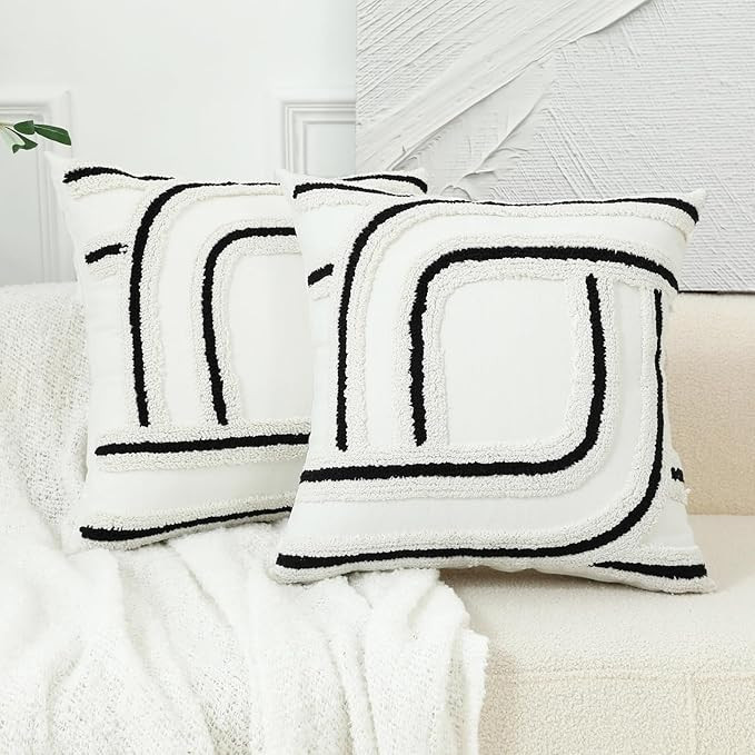 sykting Black and White Throw Pillow Covers Textured Neutral Raised Embroidery Modern Boho Pillow... | Amazon (US)