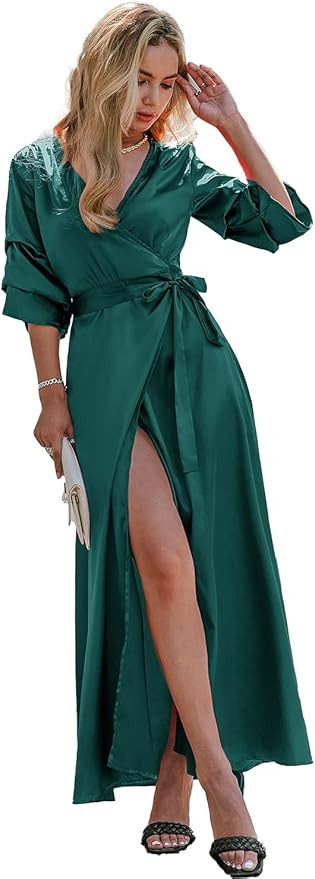 Miessial Women's Summer Chiffon V Neck Ruffle Maxi Dress Polka Dot Long Beach Wrap Dress | Amazon (US)