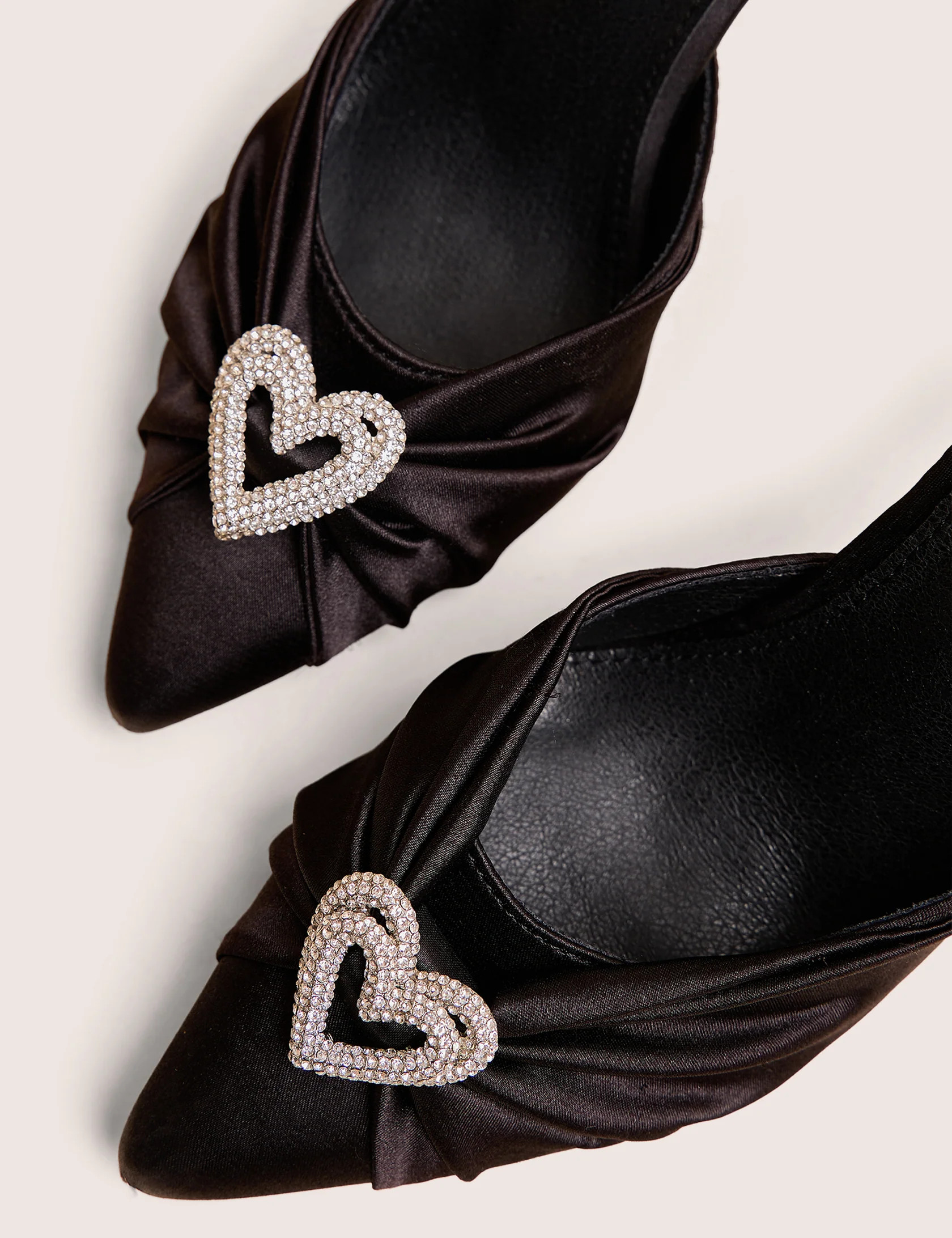 Meant to Be Black Satin Diamante Heart Court Stiletto Heel | Public Desire