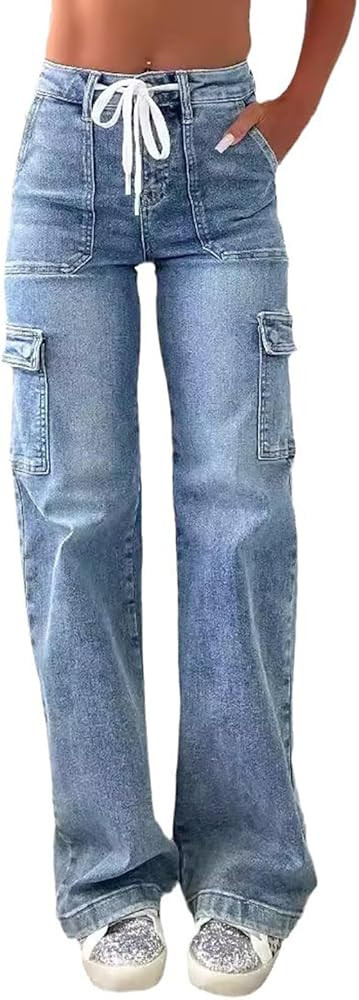 cffvdiz Women's Mid Waisted Cargo Pants Jeans Casual Wide Leg Denim Pants Y2K Streetwear Pants | Amazon (US)