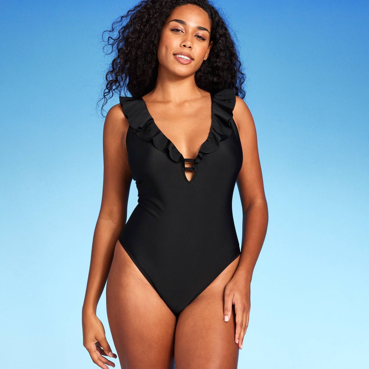 Women's Ruffle Plunge One Piece Swimsuit - Shade & Shore™ Black XS: V-Neck, Adjustable Straps, ... | Target