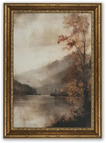 Gold Framed Vintage Fall Landscape Canvas Wall Art, Rustic Moody Lakeside Painting Picture Wall D... | Amazon (US)