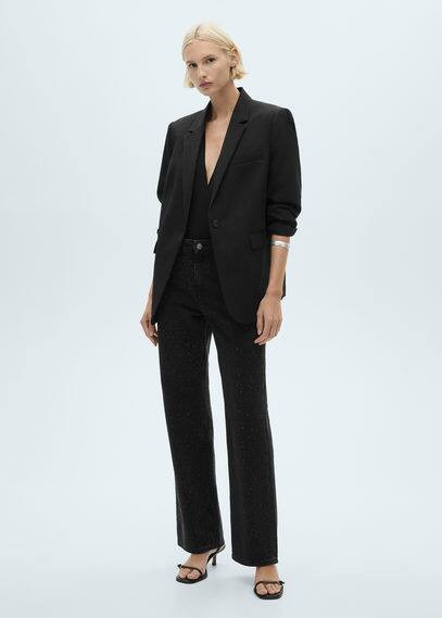 Straight-fit jeans with rhinestone detail black denim - Women - 16 - MANGO | Mango (US/MX/AU)