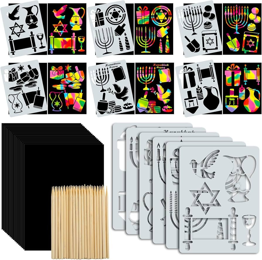 TecUnite 24 Set Hanukkah Scratch Art Hanukkah Scratch Stencil Art Kit DIY Rainbow Chanukkah Scrat... | Amazon (US)