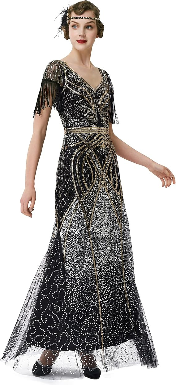 BABEYOND Flapper Dress 1920s Evening Gown Sequin Maxi Dress for Wedding | Hand-Sequined Beaded De... | Amazon (US)