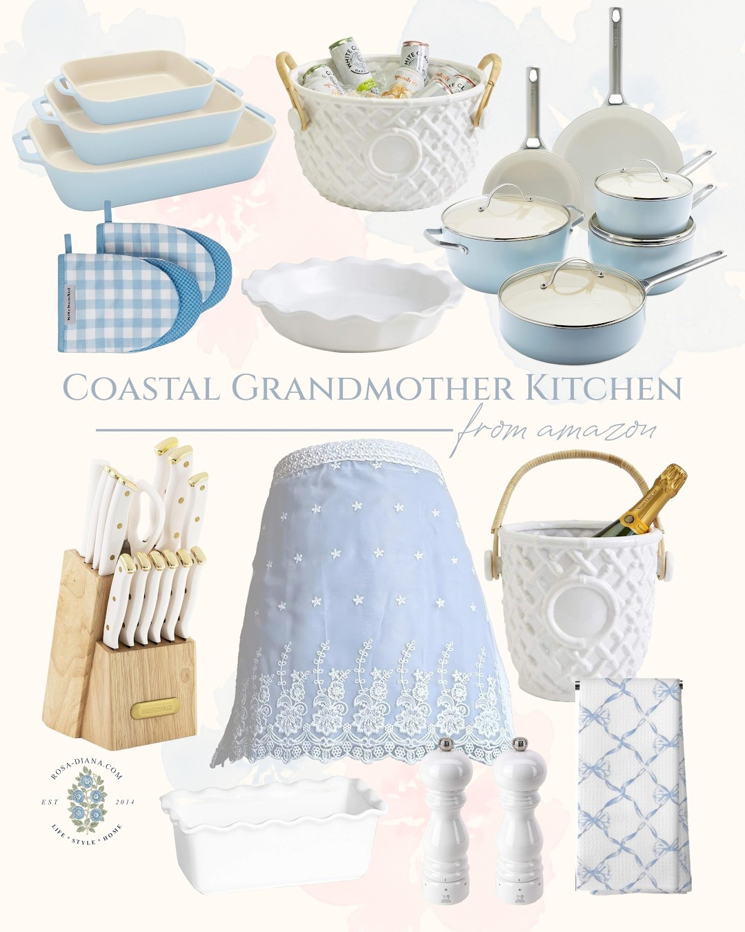 Blue and white coastal grandmother aesthetics for the kitchen. Pots and pans, scalloped pie plate and loaf pan, apron, bake wear, white knife set, white champagne bucket, oven mitts #founditonamazon Amazon finds

#LTKHome #LTKSeasonal