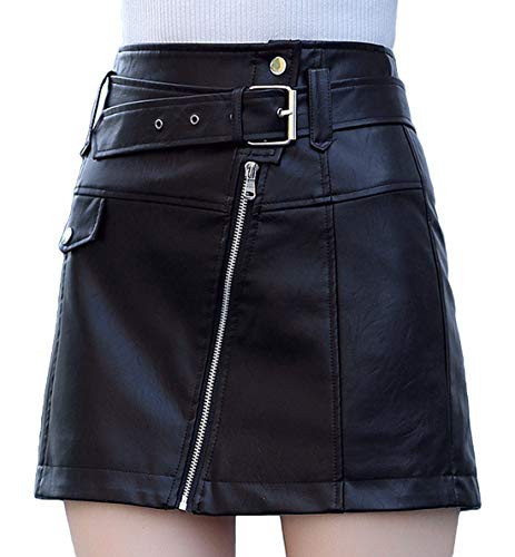 Itemnew Women's Cool Oblique Zip High-Waist Faux Leather Mini Skirt with Belt (Medium, Black) | Amazon (US)