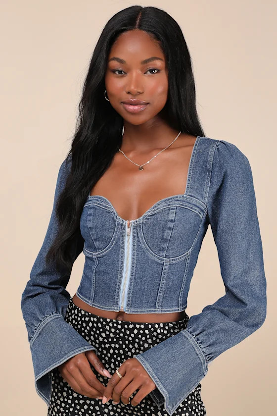 Confidently Coveted Dark Wash Denim Long Sleeve Bustier Crop Top | Lulus