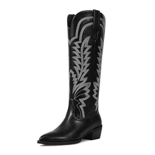 ISNOM Cowboy Boots for Women Knee High Cowgirl Boots with Classic Embroidered Pointed Toe Chunky Heel Pull On Fashion Retro Western Tall Boots (Black Size9.5) | Amazon (US)