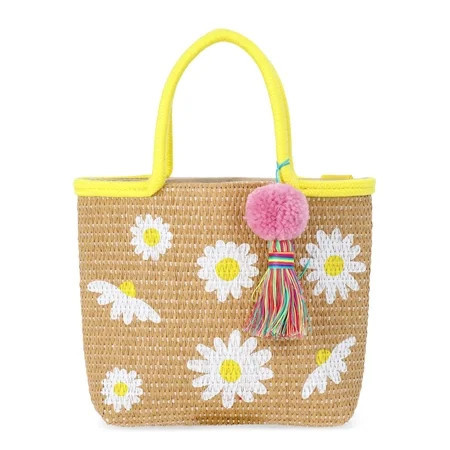 Wonder Nation Girls Daisies Straw Mini Tote Bag with Pom Handbag Charm, Yellow | Walmart (US)