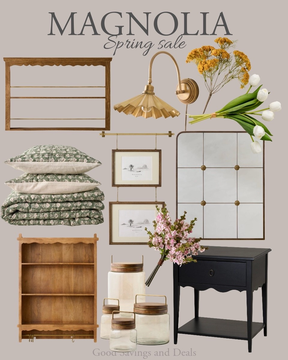 Spring sale at Magnolia. Modern farmhouse home inspiration. Home decor. Wood shelf with brass rails. Accent decor. 

#LTKHome #LTKSaleAlert