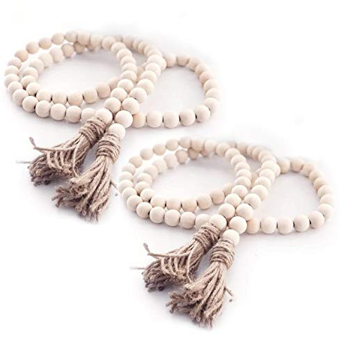 Wood Beads Garland with Tassel - 2Pcs Natural Prayer Wood String Beads Decorative Beads for Morden Farmhouse Boho Decor | Amazon (US)