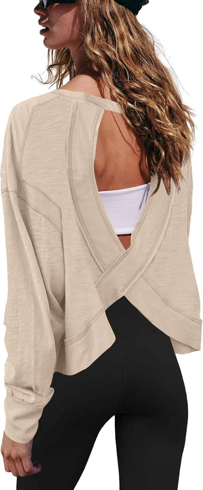 Gacaky Womens Open Back Loose Workout Tops Backless Long Sleeve Athletic Shirt Running Crop Top G... | Amazon (US)