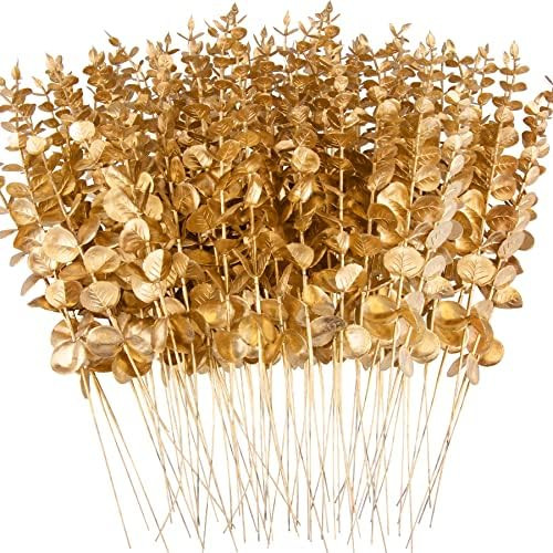 FEQO 36 Pcs Gold Eucalyptus Stems Artificial Eucalyptus Leaves Decor Eucalyptus Branches Fake Eucaly | Amazon (US)