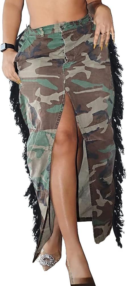 LETSVDO Womens Maxi Skirt Cargo Split High Waist Parachute A Line Slit Flowy Pockets Casual Long ... | Amazon (US)