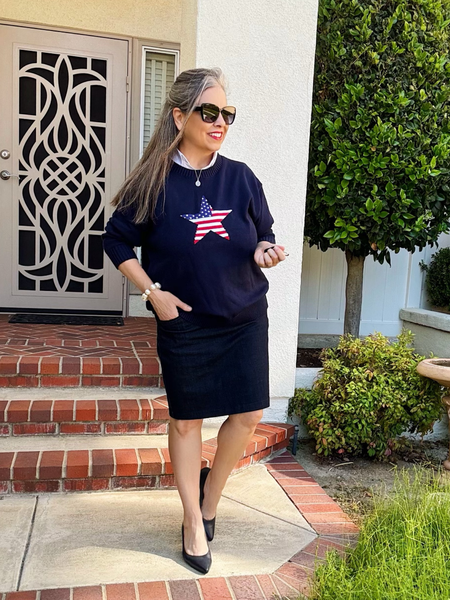 It’s election time! Headed to the polls this week in stars & stripes. Light layers for Fall days~ we’re enjoying temps in the 70’s! #sweater #autumnstyle #falllook #layering #skirt #ltkover40 

#LTKSaleAlert #LTKFindsUnder100 #LTKSeasonal