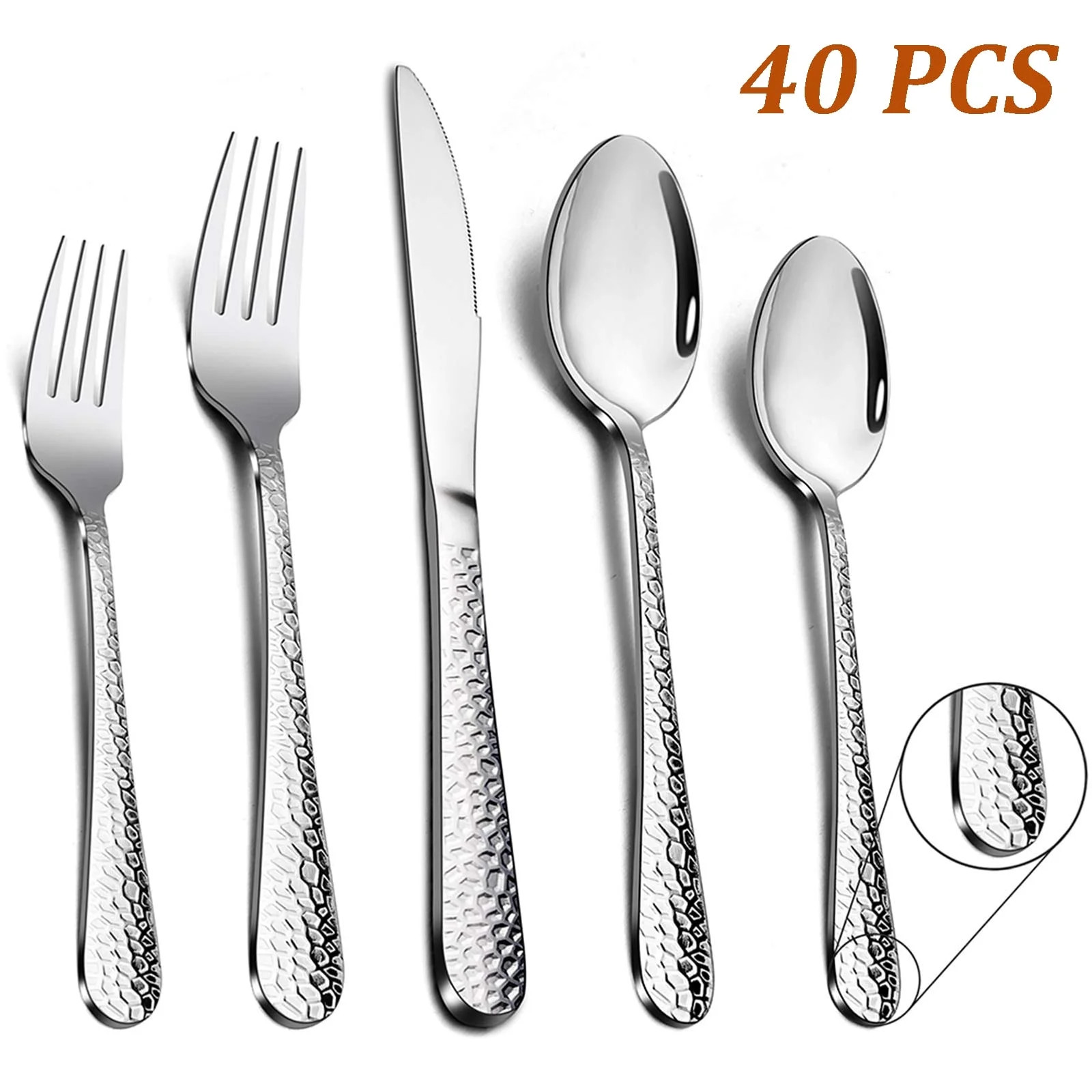 Hammered Silverware Set for 8 VeSteel 40-Piece Stainless Steel Flatware Cutlery Set Includes Knives Forks Spoons Modern Design & Mirror Polished - Dishwasher Safe | Walmart (US)