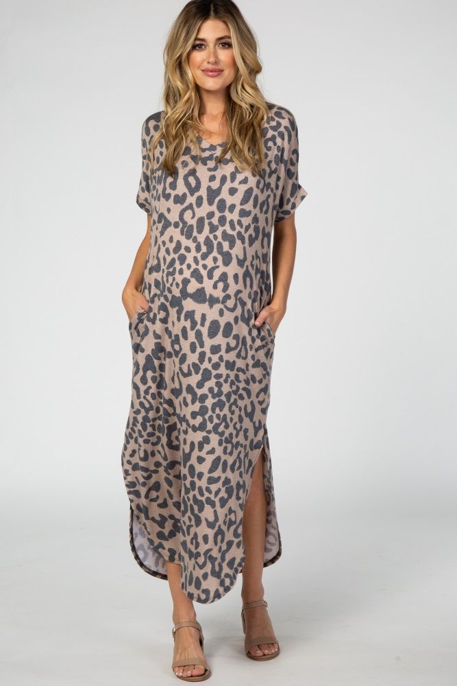 Beige Leopard Print V-Neck Maternity Maxi Dress | PinkBlush Maternity