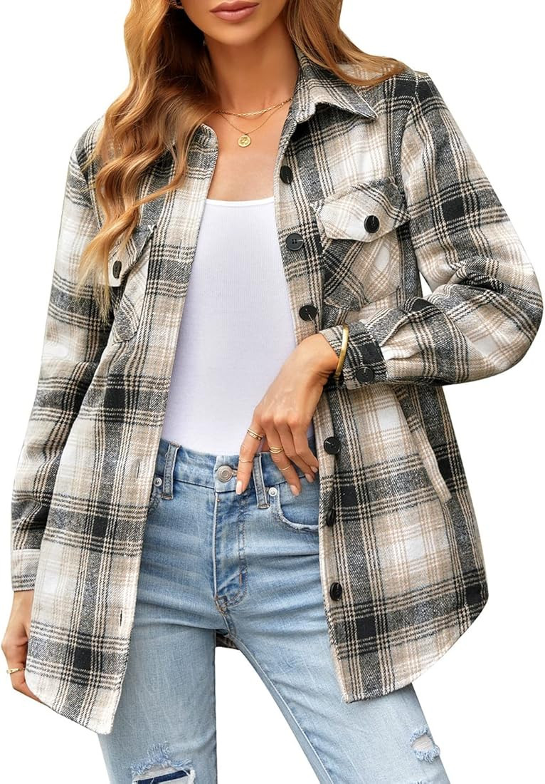 luvamia Plaid Jackets for Women Flannel Quilted Shacket Coats Oversized Button Down Shirts Jacket | Amazon (US)